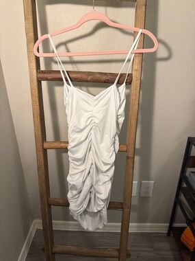 Ruched White Spaghetti Strap Dress